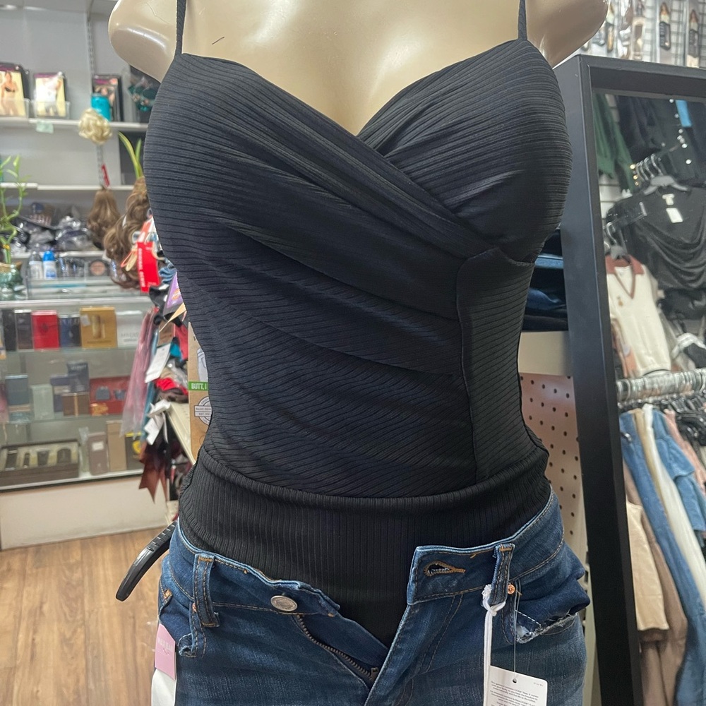 Black Ribbed Wrap-Front Cami Top - Picture 7 of 7
